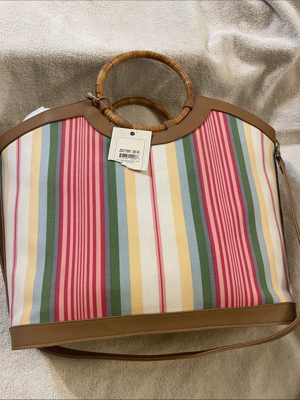 Striped Canvas Tote Bag with Bamboo Handles - Multicolor